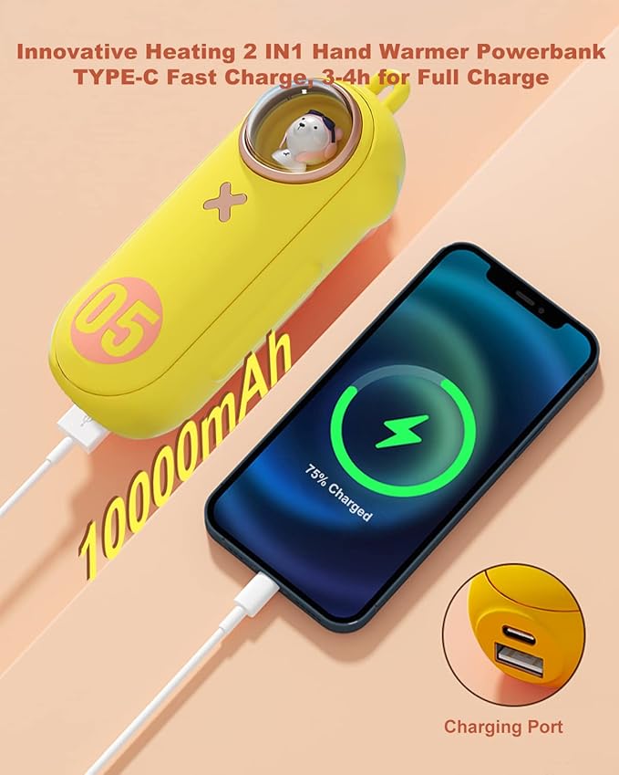Portable Hand Warmer Electric Fast Warming Up Power Bank, 10000mAh Rechargeable Hand Warming 4 Heat Levels Double-Sided Heating, Cute Pocket USB Handwarmer for Outdoors Hunting Camping