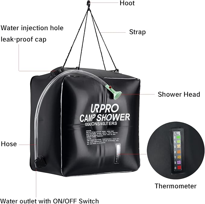 10 gallons/40L Solar Shower Bag Heating Camping Outdoor Temperature Hot Water 45°C Hiking Climbing Beach