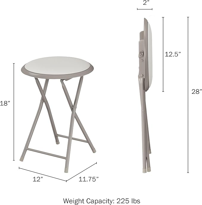 Folding Bar Stool - Heavy-Duty 18-inch Collapsible Padded Round Stool with 300lb Capacity for Dorm, Rec Room, or Game Room by Trademark Home (White)