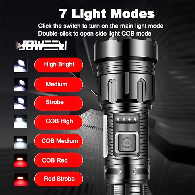 Rechargeable Flashlight, Portable and Super Bright Torch Light with 7 Modes, Power Output Function, IPX5 Waterproof for Outdoor Activities