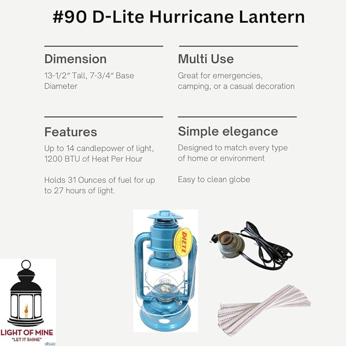 Light of Mine | Dietz #90 D-Lite | Kerosene Oil Lamp | Camping Lantern with ⅞” Wick Strip - 6 Pack (Electric Burner Blue)