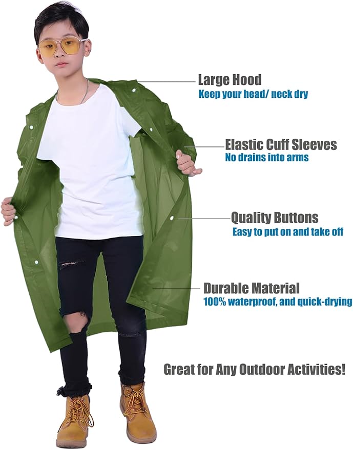 2 Pack Rain Ponchos for Kids, Reusable Kids Rain Jacket with Hood Waterproof Raincoats for Boys and Girls