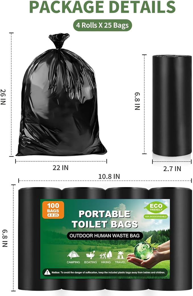100 Portable Toilet Bags, Thick Biodegradable Camping Toilet Bags for Portable Potty, 8 Gal Compost Toilet Waste Bags Potty Bags for 5 Gallon Bucket Toilet Seat Adults Outdoor, 1.1 Mil