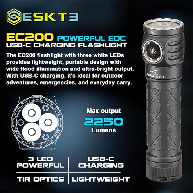 EC200 Powerful EDC 2250 lumens USB-C Rechargeable LED Flashlight - Lightweight, Compact Mini Pocket light Home use Camping Hiking Running Waterproof Outdoor Sports Hands-Free (Cool White 6500K, Black)