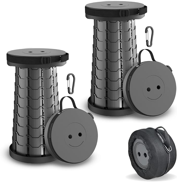 2-Pack Collapsible Stool & Carry Bag + Clips - Portable Folding Stool, Height Adjustable, Lightweight, Retractable Telescoping Camping Seat Travel Chair, Foldable Footrest - Max 400lbs