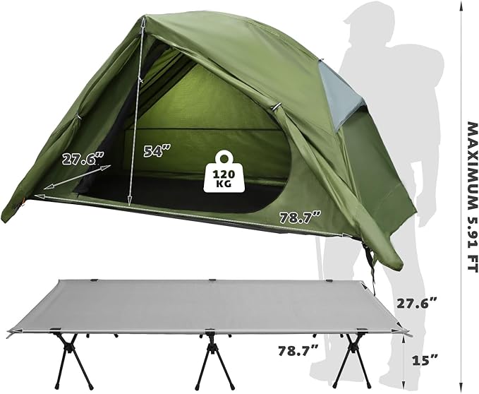 4-in-1 Camping Cot Tent, Foldable Elevated Tent Set for 1 Person to Use, Elevated Camping Bed Tent for Outdoor Hiking, Camping