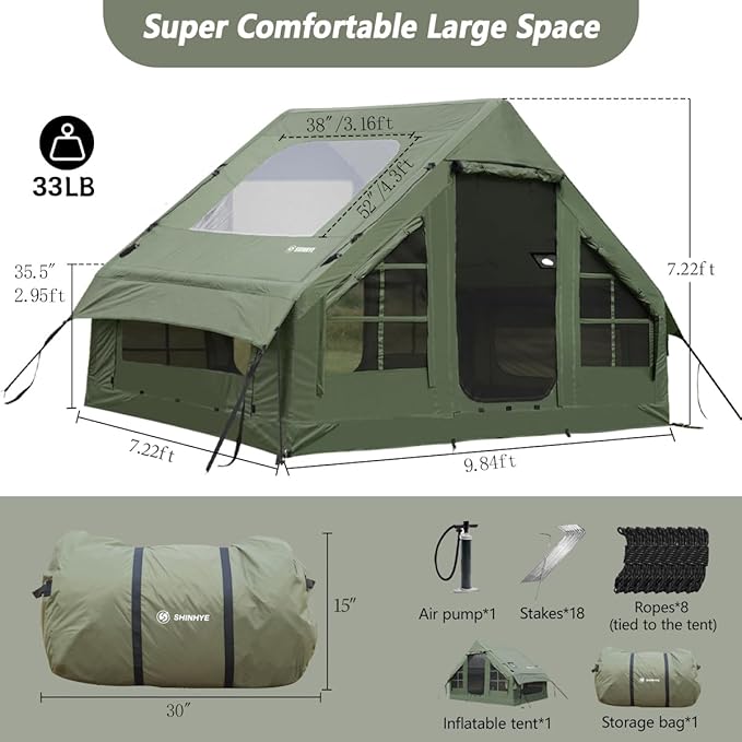 Inflatable Tent for Camping Large Blow Up Tents Glamping 4-8 Person House 4 Season Air with Pump Easy Set up Waterproof Outdoor Oxford
