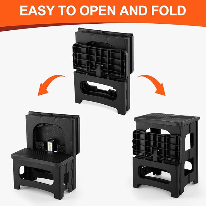 2-Step Folding Step Stool, Foldable & Dual Heights (8”/17”) | Non-Slip, Lightweight & Portable, Supports Up to 300 lbs, Ideal for Home, Office, Kitchen, RV, Boat Boarding & Camper Use