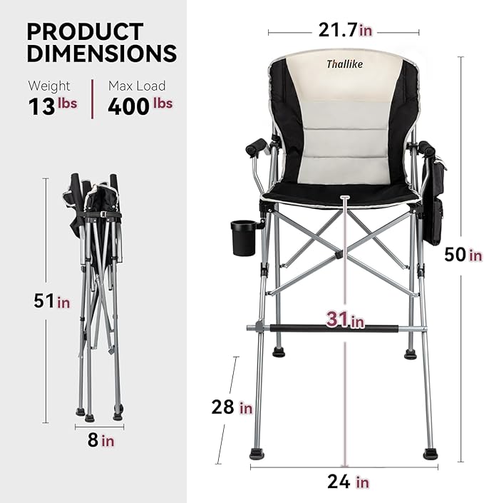 Foldable Directors Makeup Salon High Chair - Portable Camping Bar Height Folding Photoshoot Chairs with Stroage Bag Cup Holder Non-Slip Footrest, Supports 400 lbs Black Tall Director Chair (2Pack)