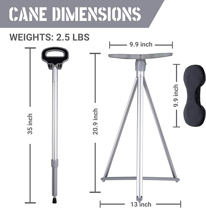 Walking Stick With Seat - Adjustable Portable Cane, Foldable Stool With 2 Bases, Pocket Storage Bag and Removable Cushion - Aluminum Lightweight Mobility Aid Crutch