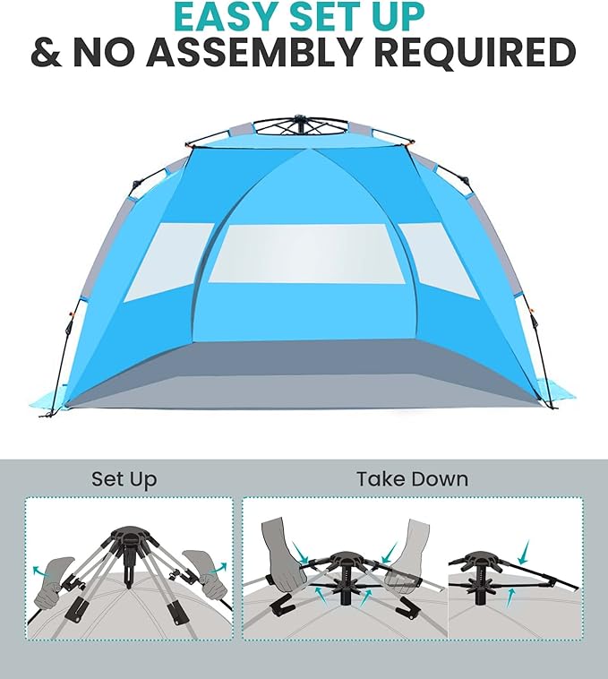 OutdoorMaster Beach Tent for 3-4 Person - Easy Setup and Portable Beach Shade Sun Shelter Canopy with UPF 50+ UV Protection Removable Skylight Family Size