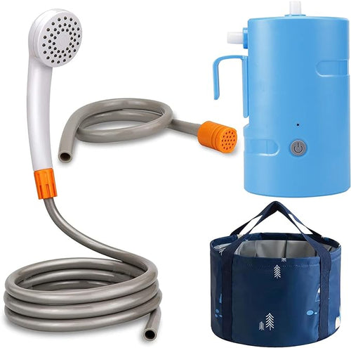 Portable Camping Shower, Built-in 4400mAh, USB Rechargeable IPX7 Waterproof Battery Shower Pump+Collapsible Bucket for Family Camp Hiking Backpacking Travel Beach Pet Flowering, Outdoor