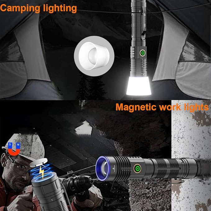 Magnetic Flashlights Rechargeable 200000 High Lumens, Super Bright LED Handheld Flashlight, Powerful Multi-Color Tactical Flash Light with Red Green Blue Yellow Filters, Best for Camping Hunting
