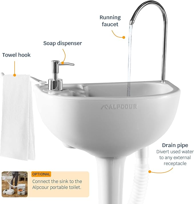Alpcour Portable Camping Sink – Indoor/Outdoor Travel Hygiene Station with Basin, Running Faucet, Soap Dispenser, Towel Rack, Drain Hose, Hands-Free Foot Pump, Stakes & Carry Bag – 17L Water Capacity