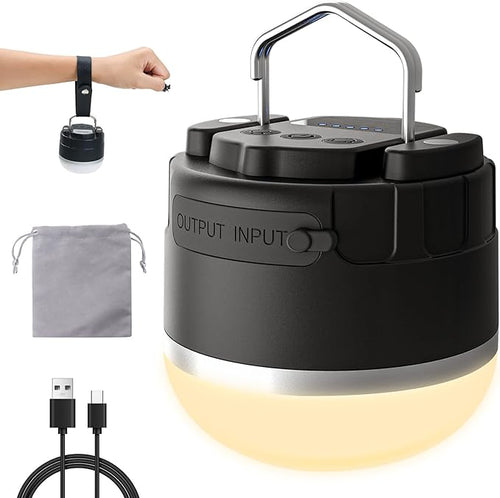 LED Camping Lantern Rechargeable - Portable Camping Light IP65 Ultra Waterproof Dustproof, Tent Light with 4 Lighting Modes Power Bank, Tent Lights for Camping Hiking Emergency Outage Black