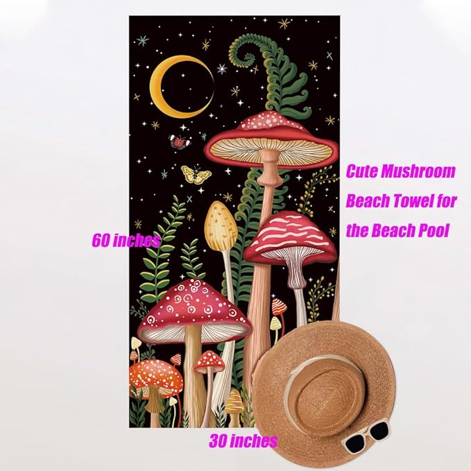 Thick Mushroom Beach Towel 30”x60” Microfiber Terry Beach Towels Kids Soft Camping Towels Sandproof Quick Drying Travel Swim Pool Yoga Gym Camping Women Men Beach Essentials Accessories Vacation Gift