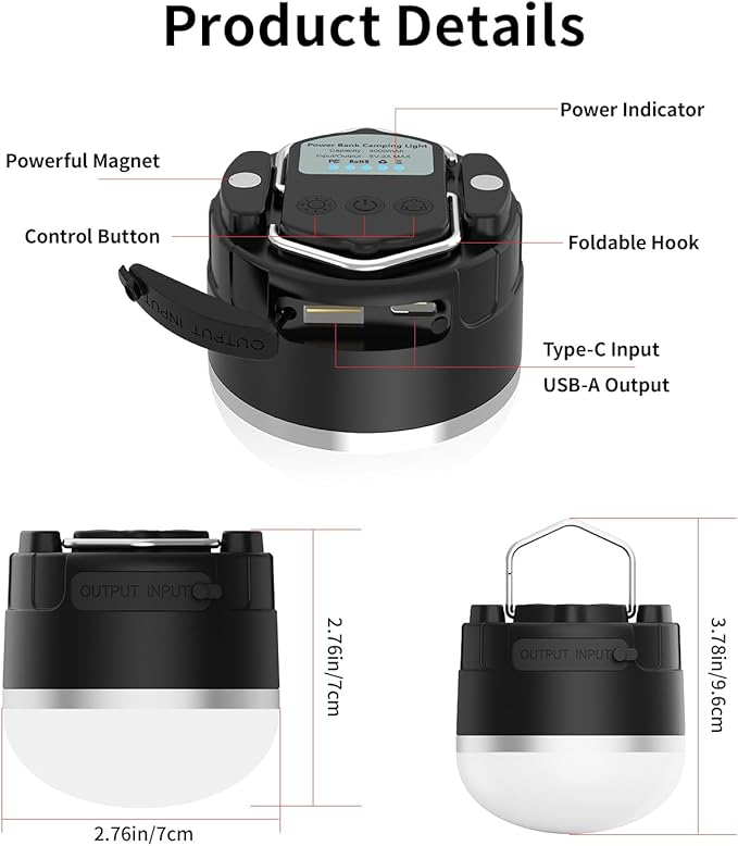 LED Camping Lantern Rechargeable - Portable Camping Light IP65 Ultra Waterproof Dustproof, Tent Light with 4 Lighting Modes Power Bank, Tent Lights for Camping Hiking Emergency Outage Black