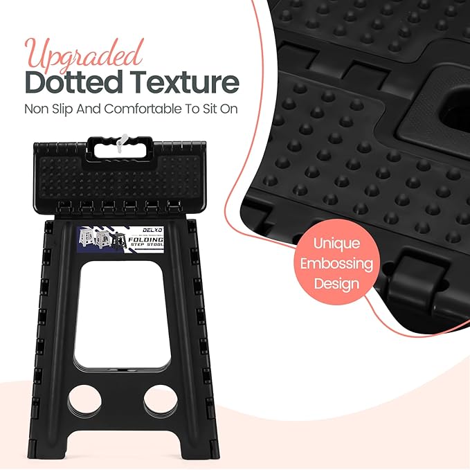 Delxo Folding Step Stool 17.5 Inch Non-Slip Foldable Stools for Kids & Adults Up to 300 LBS Kitchen Collapsible Fold Up Stepping Stool with Dotted 1 Pack Black