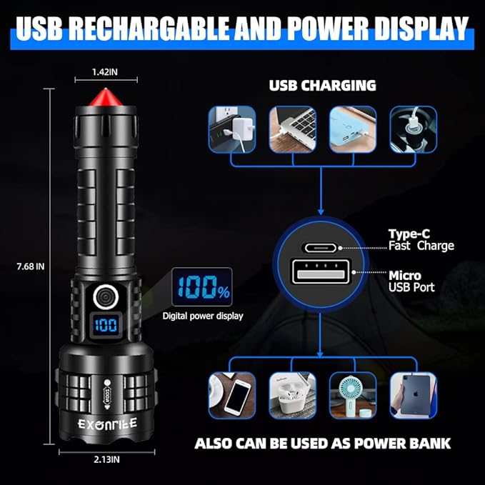 LED Flashlight with High Lumens, Super Bright Tactical Flashlight, High Powered Handheld Flashlight with 5 Modes for Emergency Camping Fishing Hiking, IPX67 Waterproof, Zoomable, Black