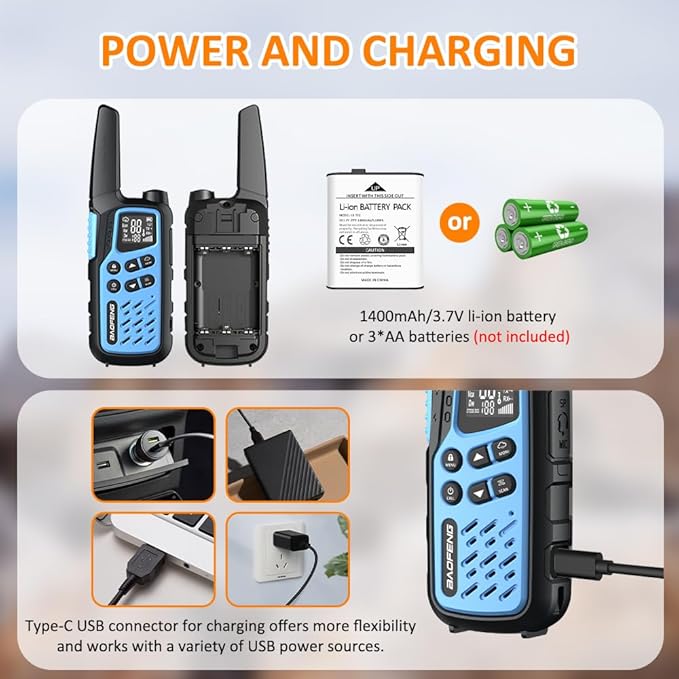 BAOFENG T25 Walkie Talkies for Adults Teens 22 FRS Channels Two Way Radio with 1400mAh Rechargeable Battery, VOX, NOAA, Flashlight, SOS, Dual Watch for Camping, Hiking, Biking, Family Outdoors, 2 Pack