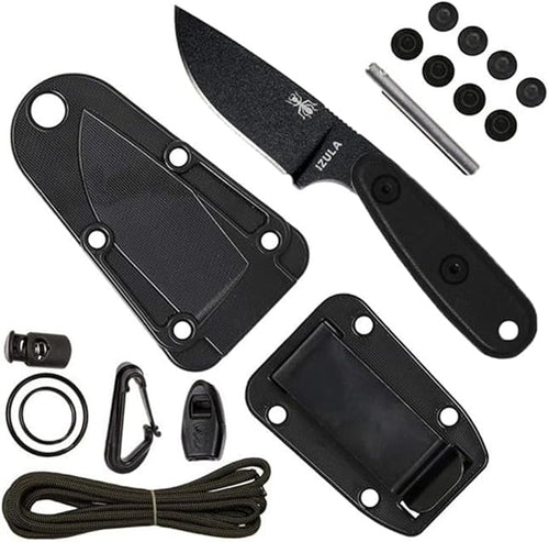 ESEE Knives Izula Fixed Blade Knife w/Survival Kit, Sheath & Clip Plate (Black Blade/Black G10 Handle/Black Sheath/Survival Kit)