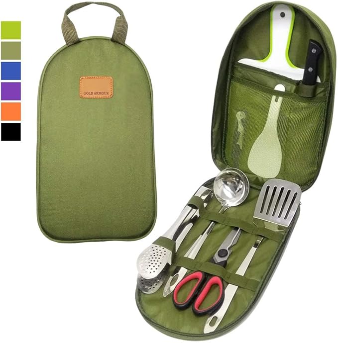Camp Kitchen Utensil Organizer Travel Set Portable BBQ Camping Cookware Stainless Steel Utensils Travel Kit Outdoor Equipment Cutting Board Tongs Scissors Knife Ladle Spatula