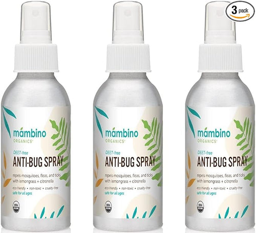 Anti-Bug Spray DEET-Free – Organic, 3-Pack All-Natural Bug Spray Made with Nourishing Essential Oils – Bug Repellent for Babies, Kids, Adults, Camping, & More by Mambino Organics, 4 Oz.