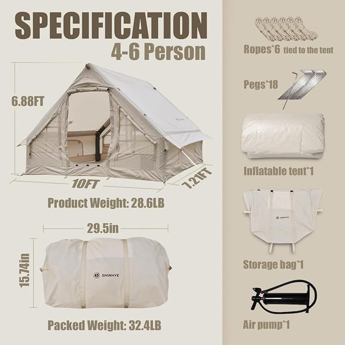 Inflatable Tent for Camping Large Blow Up Tents Glamping 4-8 Person House 4 Season Air with Pump Easy Set up Waterproof Outdoor Oxford