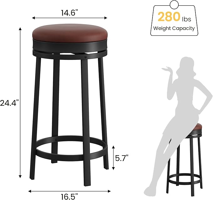 IDEALHOUSE 24'' Swivel Bar Stools Set of 2 with Footrest, Modern Counter Height Barstools with PU Leather Upholstered and Metal Frame, Backless Round Bar Stools for Kitchen Island, Brown