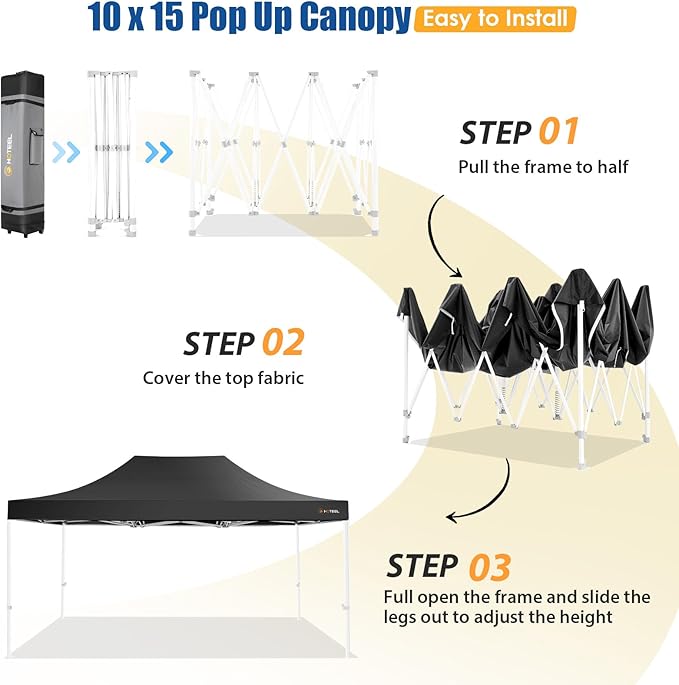 HOTEEL 10x15 Pop up Canopy Tent for Parties, Heavy Duty Easy Setup Tent Without Sidewalls, Outdoor Commercial Instant Gazebo for Wedding Event, with Roller Bag & Sand Bags, Black(Hexagonal Frame)