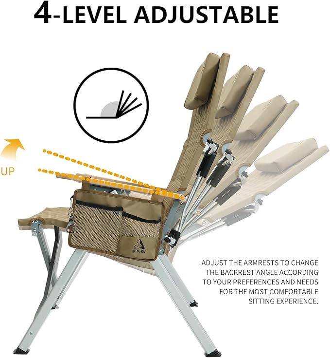 Camping Reclining Chair, Heavy Duty Folding Chairs with 4-Stage Adjustable High Back for Adults, Compact Foldable Outdoor Patio Reclining Chair with Storage Bag (Khaki)