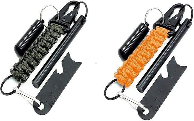 Ferro Fire Starter 4 inch Survival Ferrocerium Drilled Flint Fire Starter, Ferro Rod Kit with Paracord Lanyard Handle, Striker, Cotton Tinder Tab in o-Ring Sealed Carrier Tube and Carry Clip