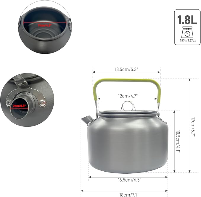 1.8L Camping Kettle, Hard-Anodized Aluminum Portable Campfire Kettle for Open Fire, Outdoor Camp Tea Coffee Pot for Stove Top, Backpacking, Hiking, Picnic and Traveling