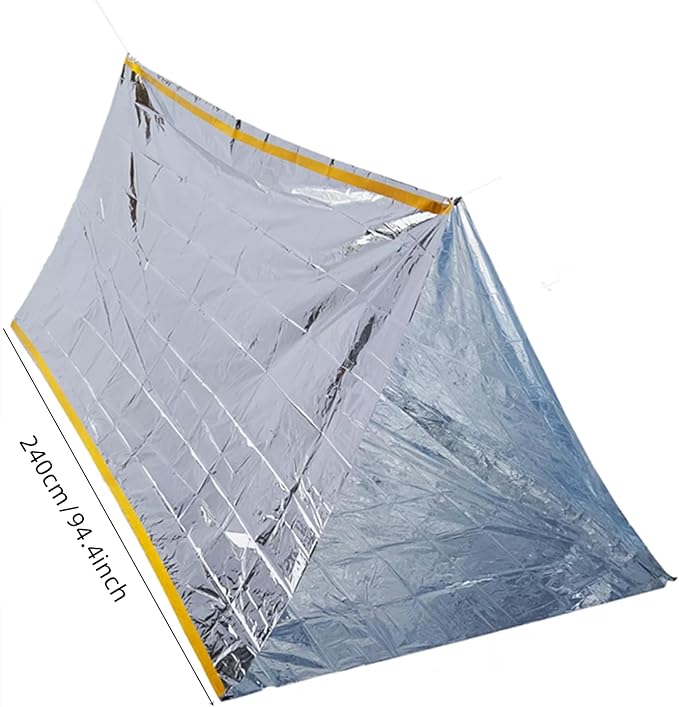 1 Piece Survival Shelter, Polyester Film Emergency Tent Survival Kit with String Bundle Pocket Whistle for Hiking, Car Camping, First Aid Hurricane