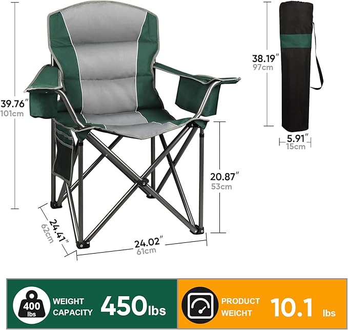 2 Pack Oversized Folding Camping Chairs for Adults, Heavy Duty Lawn Chairs with Cup Holder Storage and Cooler Bag, 450 LBS Weight Capacity, Padded Collapsible Chairs for Outdoor, Garden & Beach