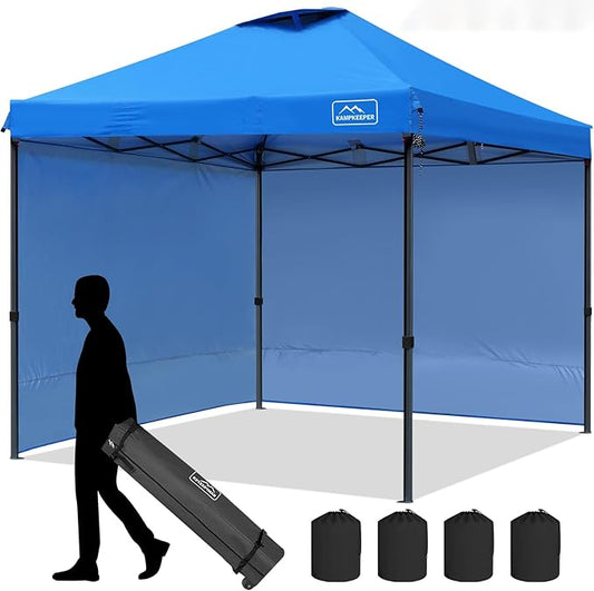 KAMPKEEPER 10x10 Pop Up Canopy Tent with 2 Sidewalls - Waterproof Outdoor Shelter for Sun Shade, Camping, Beach, Patio and Backyard Events, Blue