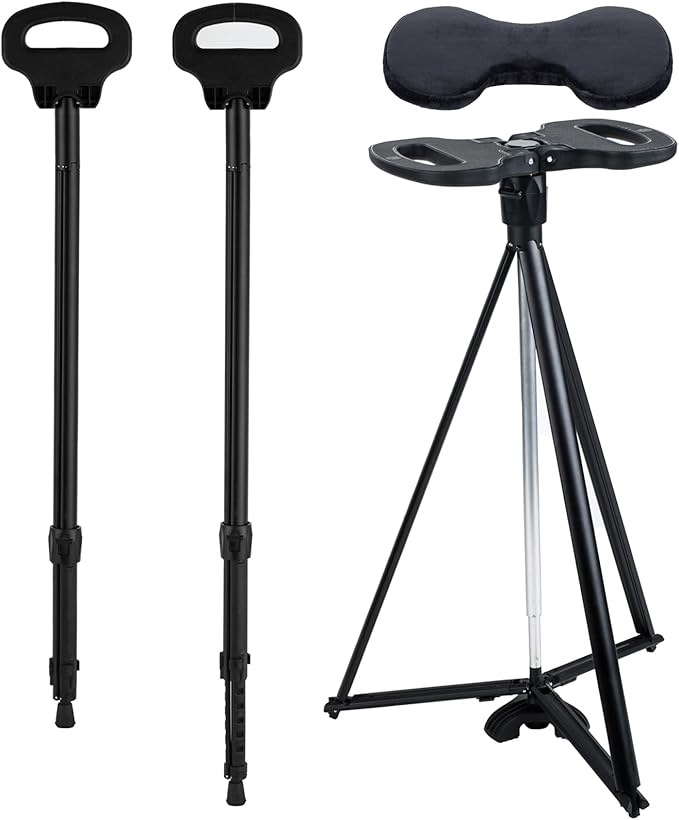 Walking Stick With Seat - Adjustable Portable Cane, Foldable Stool With 2 Bases, Pocket Storage Bag and Removable Cushion - Aluminum Lightweight Mobility Aid Crutch