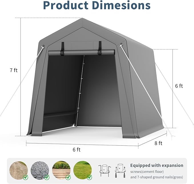 GAOMON 6'x8' Outdoor Portable Garage, Waterproof & UV-Resistant Storage Shed with 2 Roll-Up Doors, Carport Tent for Motorcycle, Bike, and Tools, Gray