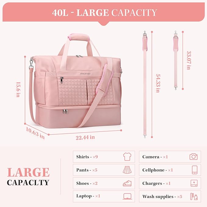 Maelstrom Gym Bag for Women,40L Travel Duffel Bag with Shoes Compartment and Wet Pocket,Waterproof Carry On Weekender Bag,Sport Gym Tote Bags Swimming Yoga, Hospital Holdalls-Pink