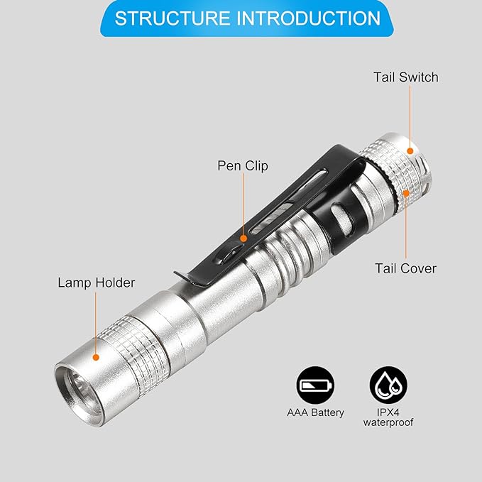 PATIKIL Mini Flashlight with Clip, Super Light Small LED Pen Flashlights Aluminum White Light Torch Battery Powered for Camping Hiking, Silver