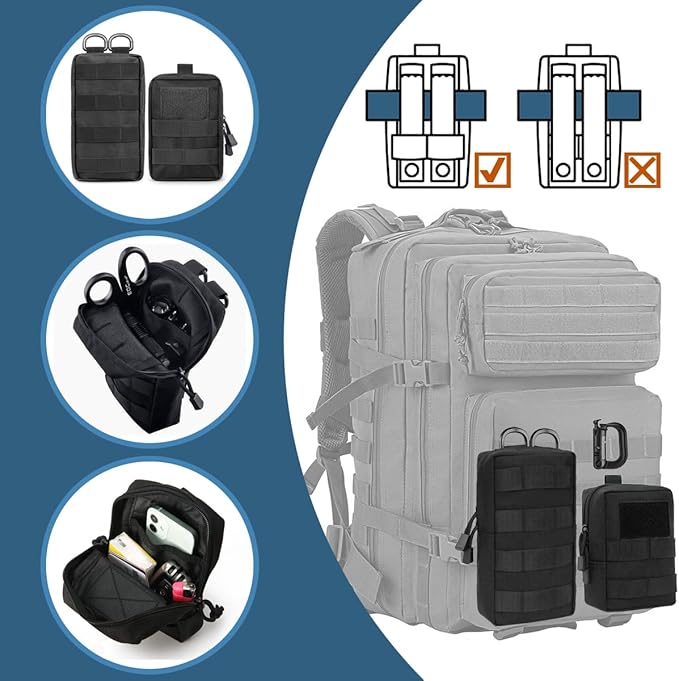 MUCHER 2 Pack Molle Pouches Tactical Pouches EDC Pouch Organizer Molle Bag Utility Pouch with 4 Carabiners for Outdoor Hiking Hunting Camping Training