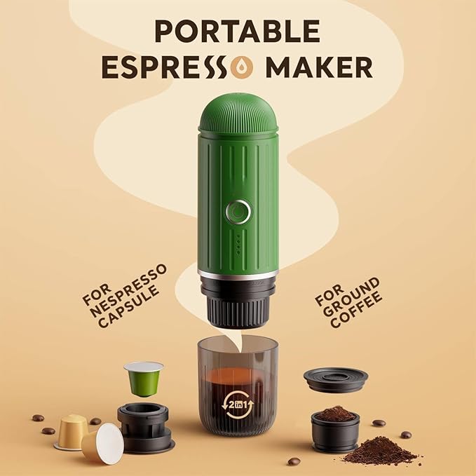 Portable Espresso Machine with 3-4 Min Self-heating, 12V Rechargeable Electric Coffee Machine Compatible with NS Capsules and Ground Coffee for Car Camping Travelling, Green