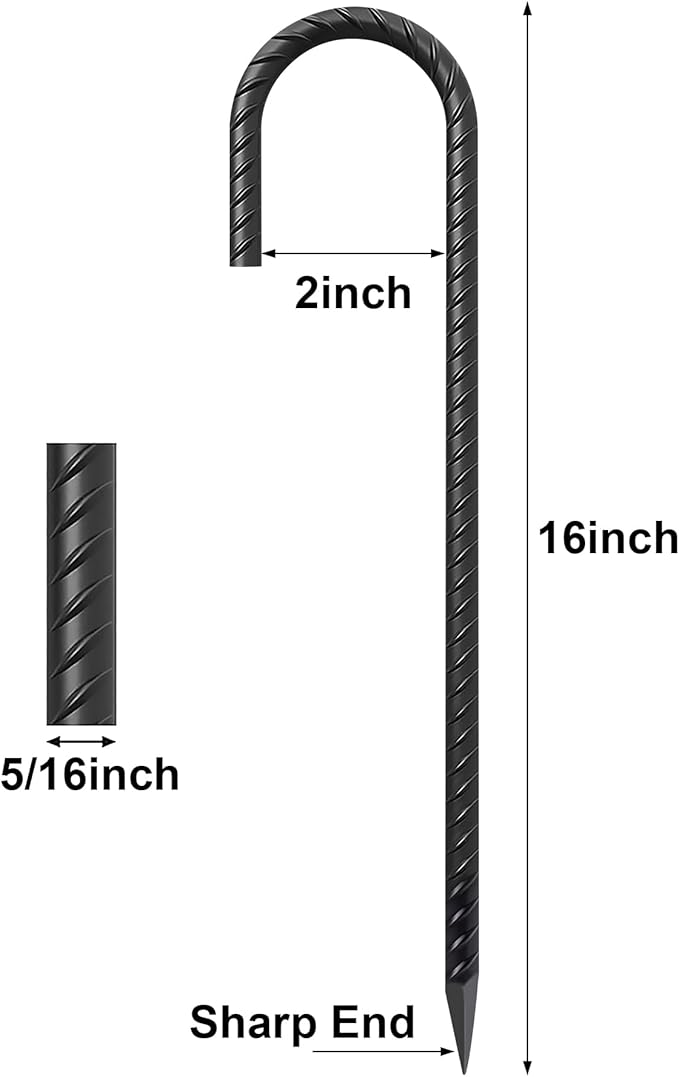 16" Ground Rebar Stakes Heavy Duty J Hook Ground Anchors, 5/16 inch Curved Steel Tent Stakes Anti Rust Steel Ground Stakes for Chain Link Wire Fencing, Pack of 40, Black