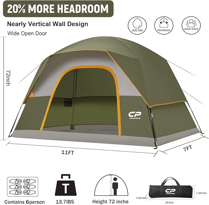 CAMPROS CP Tents for Camping 4 Person Tent Waterproof Windproof Double Layer Camping Tent, Easy Setup Dome Tent with Large Mesh Windows & Wider Door for Outdoor Camping & Hiking