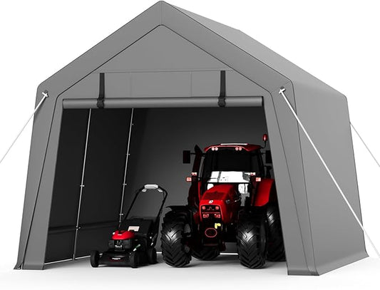Garvee 10 ft x15 ft Outdoor Portable Storage Shed, Waterproof & UV-Resistant Garage Shelter with 2 Roll-Up Zipper Doors, Anti-Snow Carport Tent for Motorcycle, Bike, and Outdoor Equipment, Gray