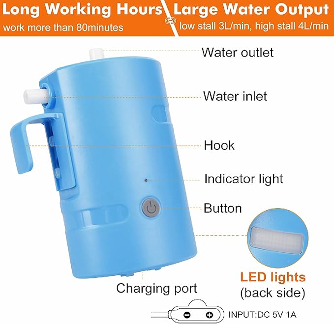 Portable Camping Shower, Built-in 4400mAh, USB Rechargeable IPX7 Waterproof Battery Shower Pump+Collapsible Bucket for Family Camp Hiking Backpacking Travel Beach Pet Flowering, Outdoor