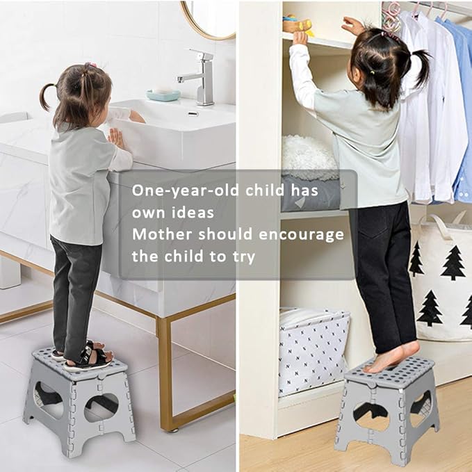 Non-Slip Folding Step Stool, Sturdy Safe Enough - Holds up to 300 Lb - 11 inch Footstool for Adults or Kids, Folding Ladder Storage/Opens Easy, for Kitchen,Toilet,Camping (Light Grey, 11'')