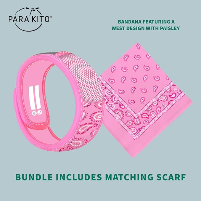 PARA'KITO Mosquito Repellent Bundle - Kids Insect Protection Bracelet + Bandana | Waterproof & DEET-Free Bug Spray Alternative for Hiking, Camping Accessories, Summer Vacation Essentials (Pink)