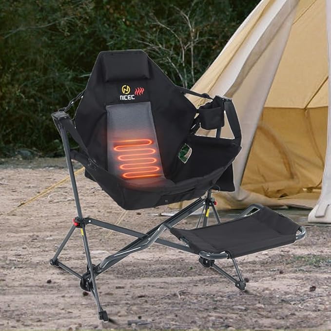 Nice C Heated Hammock Camping Chair with Footrest, Heated Camping Chair with Battery, Rocking Swing Chairs, Hammock Chairs with Stand, Heavy Duty (2, Heat Black W/Footrest)
