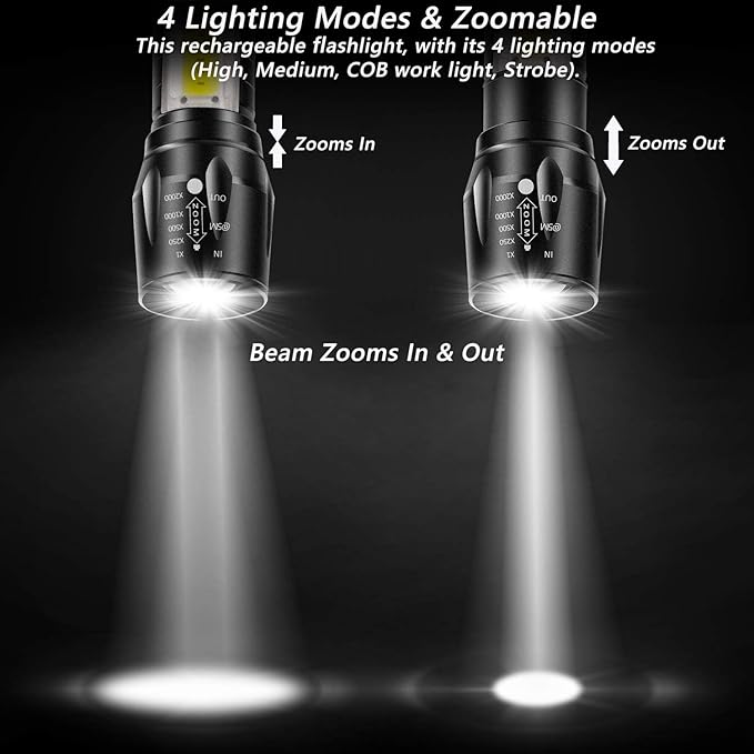 Rechargeable Flashlights High Llumens LED-Mini USB Rechargeable Flashlight for Home 3 Modes Adjustable Focus Portable Waterproof Flashlight with COB Side Lights Tactical Flashlight (1pack)